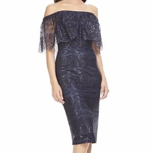 Theia Metallic Lace Cocktail Off Shoulder Holiday Prom Date Dress Style 883092